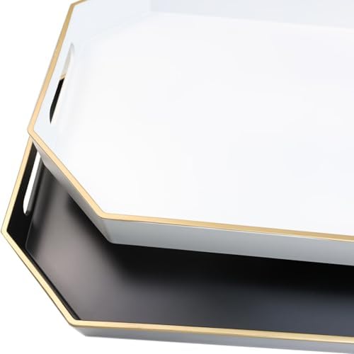 Black Decorative Tray with Handles, Octagon Versatile Serving Tray for