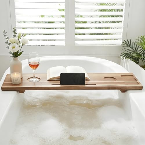 Expandable Acacia Wood Bathtub Tray Caddy – Adjustable 23-35" with