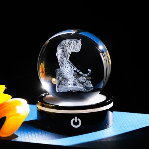 YWHL 3D Tiger Figurine Crystal Ball with Colorful Light Base, Tiger