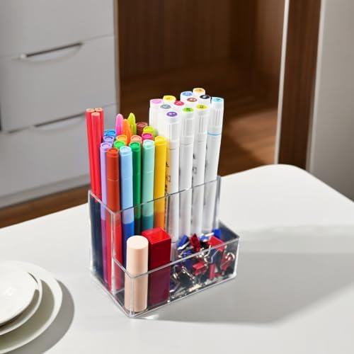 HSYMQ Desktop Clear Pen Holder with 3 Compartments, Acrylic Pencil