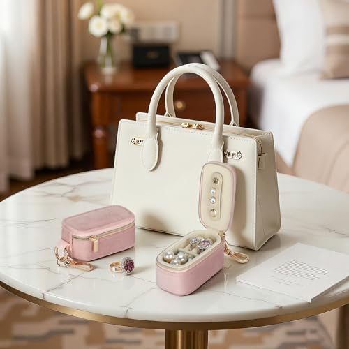KUKUVR Mini Velvet Travel Jewelry Box with Keychain (Pink)