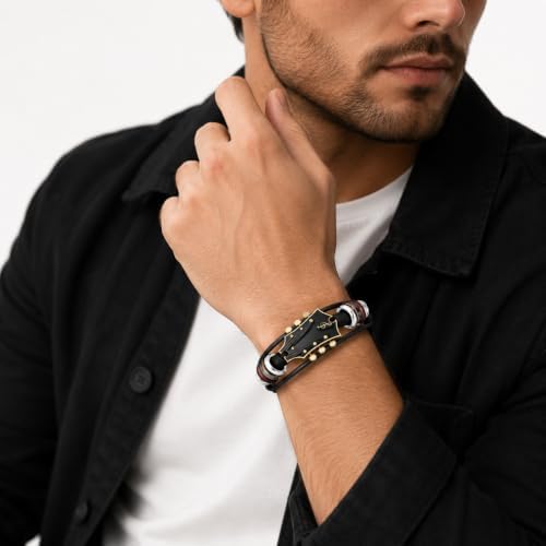 Retro Guitar Leather Bracelet for Man Women Unique Bead Braided