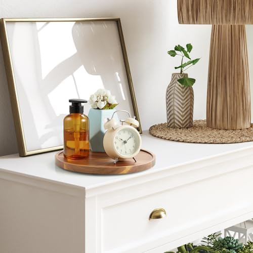 10 Inch Acacia Wood Round Tray, Wooden Decorative Coffee Table Tray