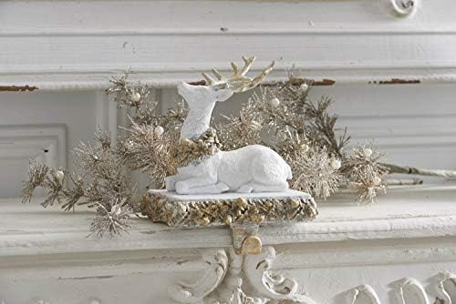 8 Inch White and Gold Glittered Sitting Reindeer Stocking Holder