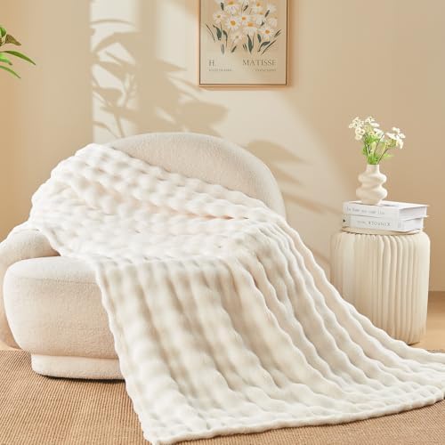 NEWCOSPLAY 3D Bubble Flannel Throw Blanket for Couch Ivory, 50"×60"