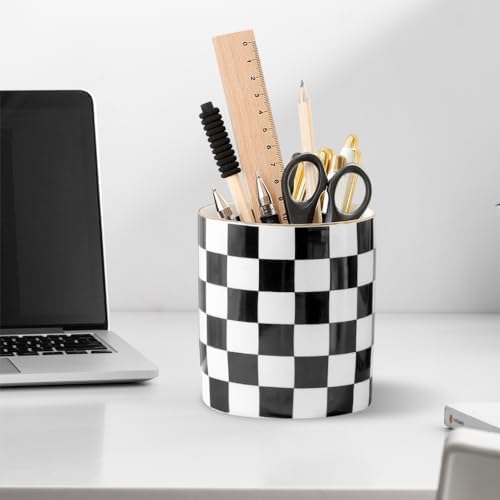 Ceramic Checkered Pen Holder For Desk Cute Stand Gold Line Pencil Cup