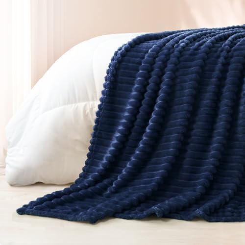 Exclusivo Mezcla Striped Fleece Throw Blanket for Couch, Sofa, Navy