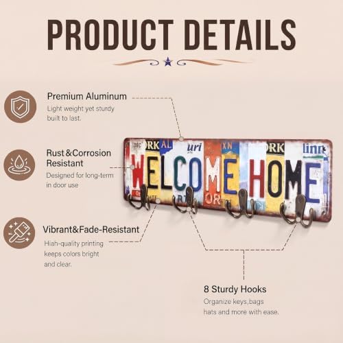Hicarer Vintage Key Holder Wall Mount Welcome Home Metal Organizer