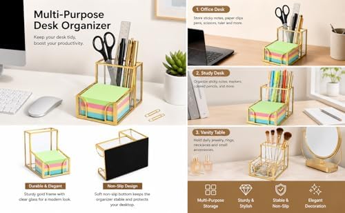 Feyarl Gold Glass Note Holder with Pen Pencil Cup 3x3 Inch Sticky