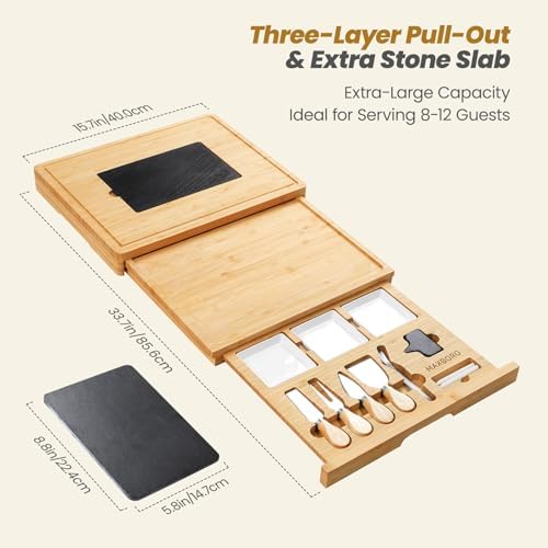 Extra Large Bamboo Charcuterie Board, 3-Layer Pull-Out Cheese Trays
