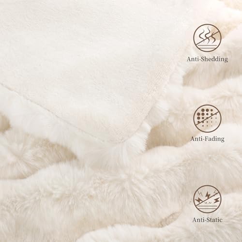 Faux Rabbit Fur Throw Blanket for Couch, Cream White Throw Blankets