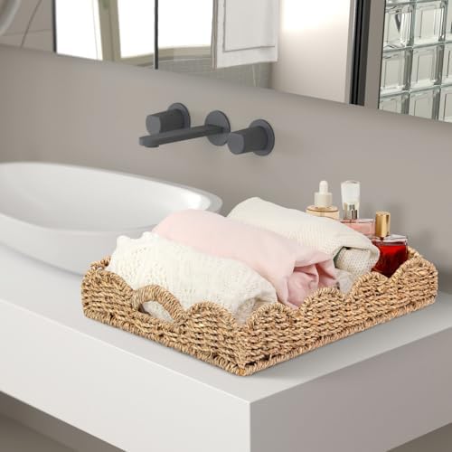 Scalloped Seagrass Tray, Hand-Woven Wicker Storage Baskets with