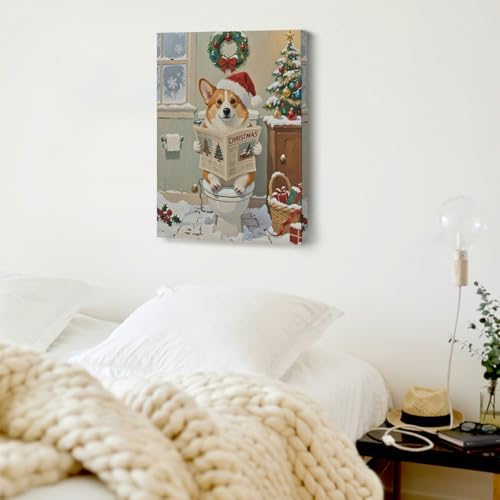 STHTTSW Christmas Dog Bathroom Wall Art, Cute Corgi on Toilet Canvas