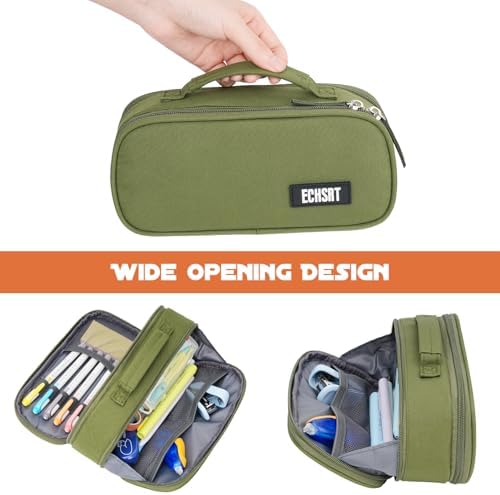 ECHSRT Large Tactical Pencil Case, 3-Compartment Zipper Pouch, Olive