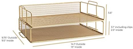 BLU MONACO | Paper Tray Stackable Gold Mesh Set of 2 | Stackable File