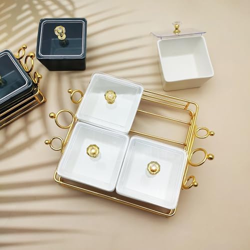 YA JU Ceramic Bowls and with Lid Gold Basket Trays, 4 Removable Small