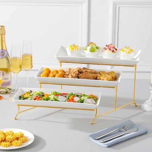 MALACASA 3 Tier Serving Trays for Party, 14 Inch Porcelain White Trays