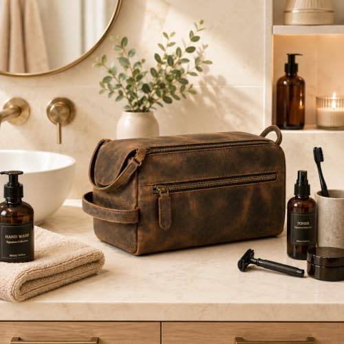 KomalC Buffalo Leather Toiletry Bag for Men & Women, Travel Pouch