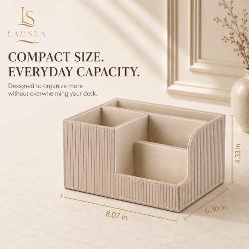 Pen Holder for Desk, 4-Compartment PU Leather Desk Organizer, Beige