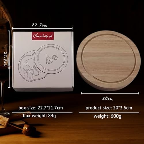 8" Round Wood Cheese Board Set with 4 Stainless Steel Knives & Hidden