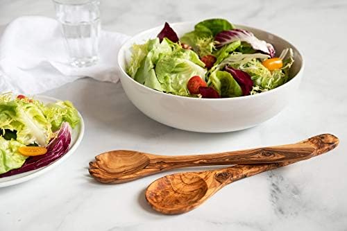Olive Wood Salad Server Set - 12 Inch Wooden Tongs - Rustic French
