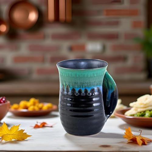 Reactive Glaze Ceramic Hand Warmer Mug, Forest Green/Black, 16 Oz