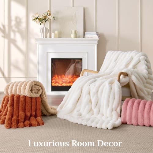 BEDELITE Faux Fur Throw Blanket for Couch, 770GSM, 50" x 60", Cream
