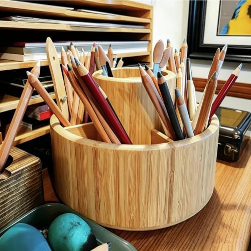 VaeFae 360 Rotating Bamboo Pen Holder for Desk, Art Supply Storage