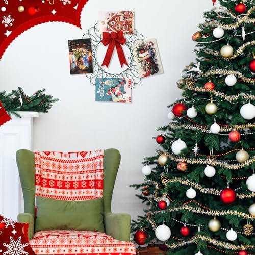 Fullhawl Christmas Card Holder Spiral Metal Wreath with Red Bow