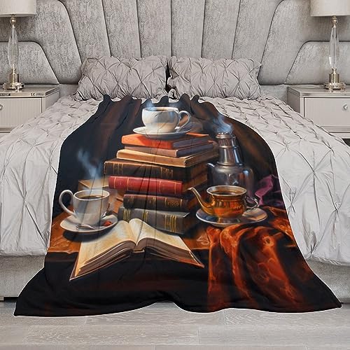 Plush Throw Fleece Blanket - Coffee and Books Oil Painting, Warm Cozy