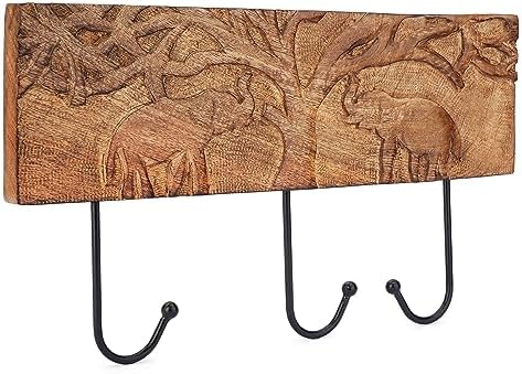 Ajuny Wooden Cloth Hooks Wall Mounted Coat Rack 3 Hooks with Carving