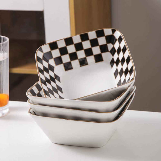 Set of 3 Checkered Square Bowls 20oz- Aesthetic Black and White Ceramic Snack & Dessert Bowls with Gold Rim, Checkerboard Decorative Catchall Dish, Eclectic Kitchen Decor & Entertaining Serving Set
