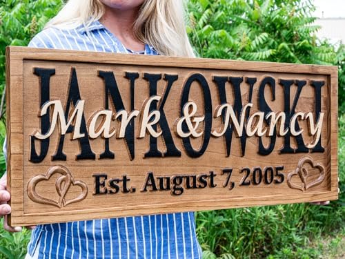 3D Wood Carved Personalized Wedding Gift Established Name Sign with