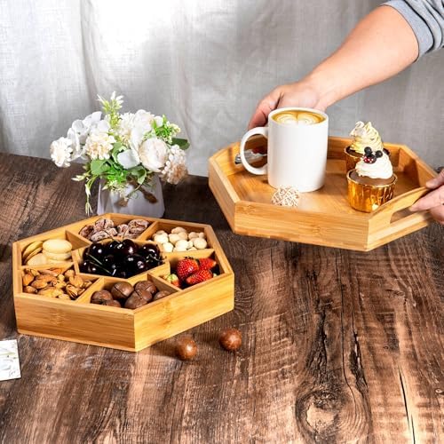 Snack and Serving Tray Set ā 13" Divided Bamboo Appetizer Platter for