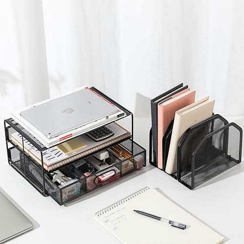 Amazon Basics Mesh Desk Organizer with Sliding Drawer, Double Tray and