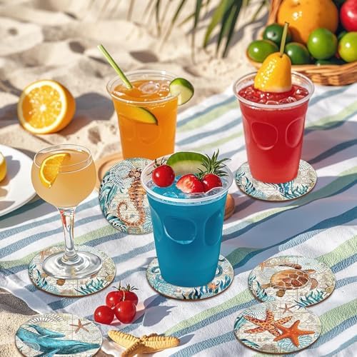 UPINS 8 Pieces Wooden Coasters for Drinks,Coastal Decor Ocean Beach