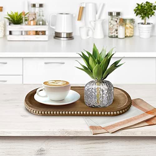 dwellington Wooden Farmhouse Decorative Tray, 11.8in Rustic Beaded