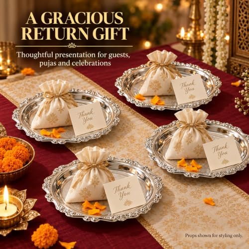4 Pcs Vintage Silver Tray Indian Pooja Return Gift, Round Silver