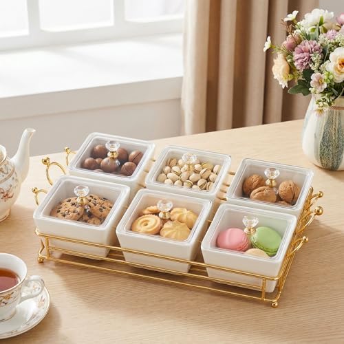 YA JU Ceramic Bowls and with Lid Gold Basket Trays, 6 Removable Small