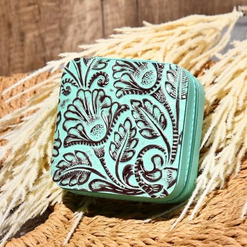 DEEKA Western Jewelry Box Case Real Leather Turquoise and Brown