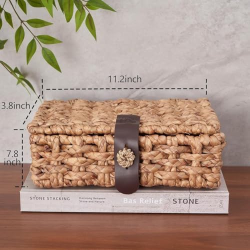 Wicker Decorative Box with Lid, Water Hyacinth Woven Basket for Shelf