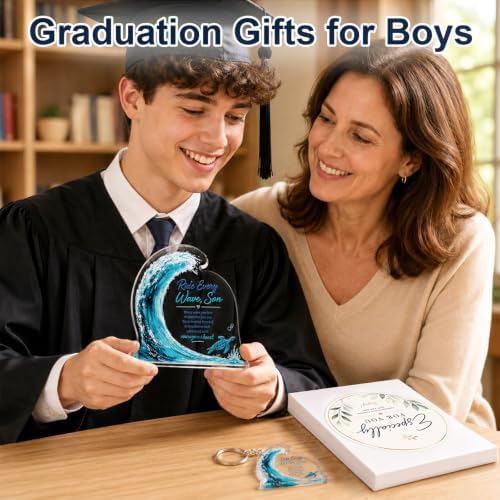 Son Gifts From Mom, Inspirational Wave Acrylic Plaque with Keychain