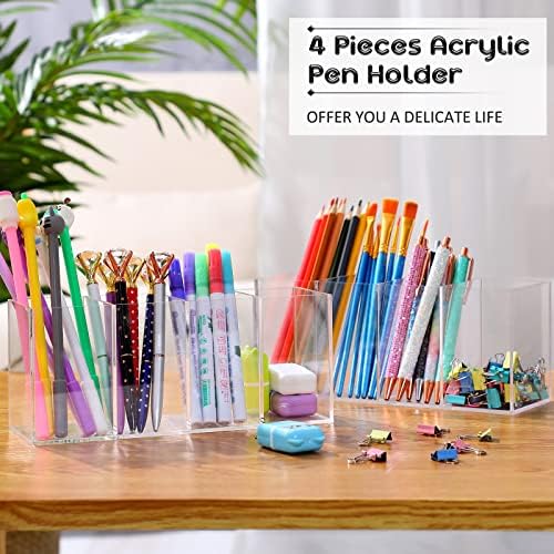 Pajean 4 Pack Clear Acrylic Pencil Holders, 4 Compartment Desk
