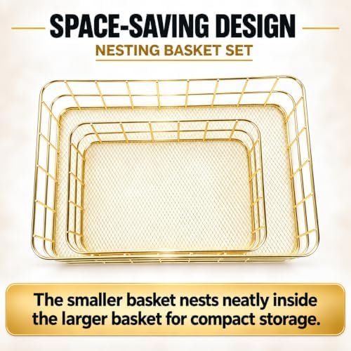 2-Size Gold Metal Wire Basket Tray, Countertop & Desk Organizer for