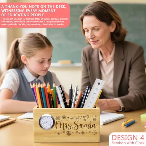 Teacher Appreciation Gifts, Personalized Pen Holder, Solid Wood Desk