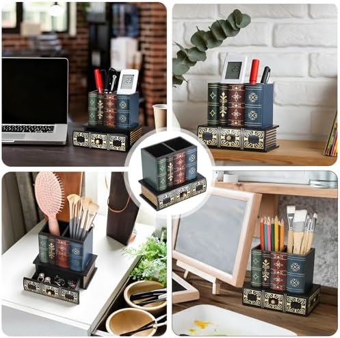 Antique Book Pencil Holder for Desk, Wooden Pen Cup with Drawer
