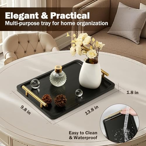 PEKER Wooden Serving Tray with Metal Handles, Black Decorative Coffee