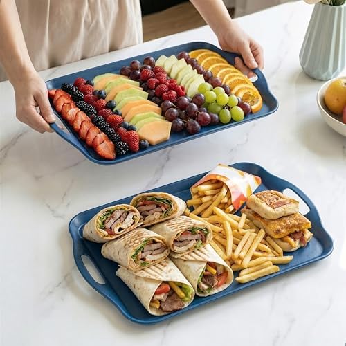 KINGEN 2-Pack Navy Blue Bamboo Fiber Serving Trays - 17.3×12.2-inch
