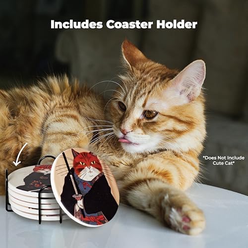 Ninja Cat Coasters Set of 6 - Cat Gifts for Men Anime Decor, Funny