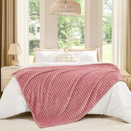 BEDELITE 3D Ribbed Jacquard Pink Fleece Throw Blanket for Couch, 50x60